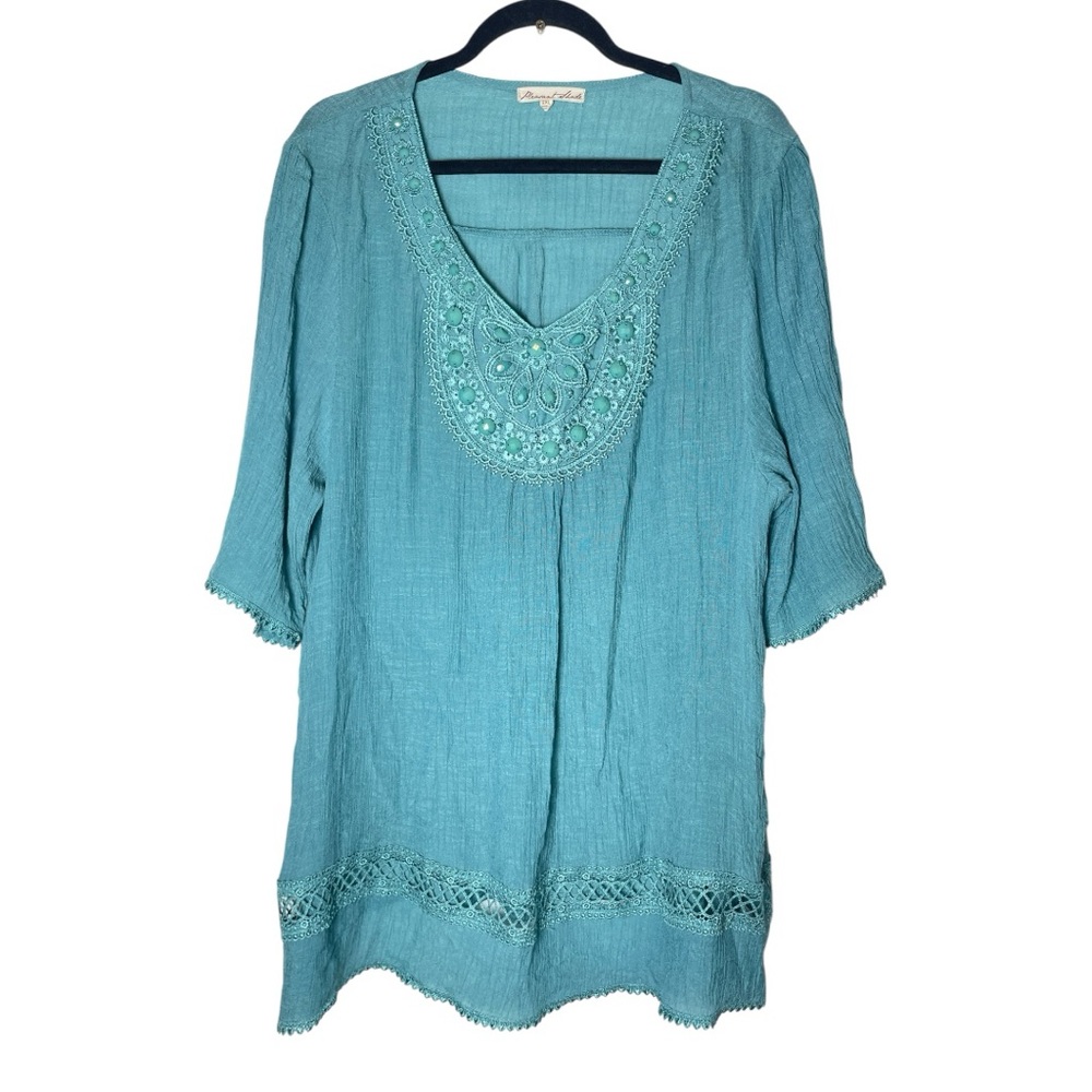 Pleasant Shade Women’s 2X Embroidered Boho Tunic Top Blue Crochet Hem 2XL